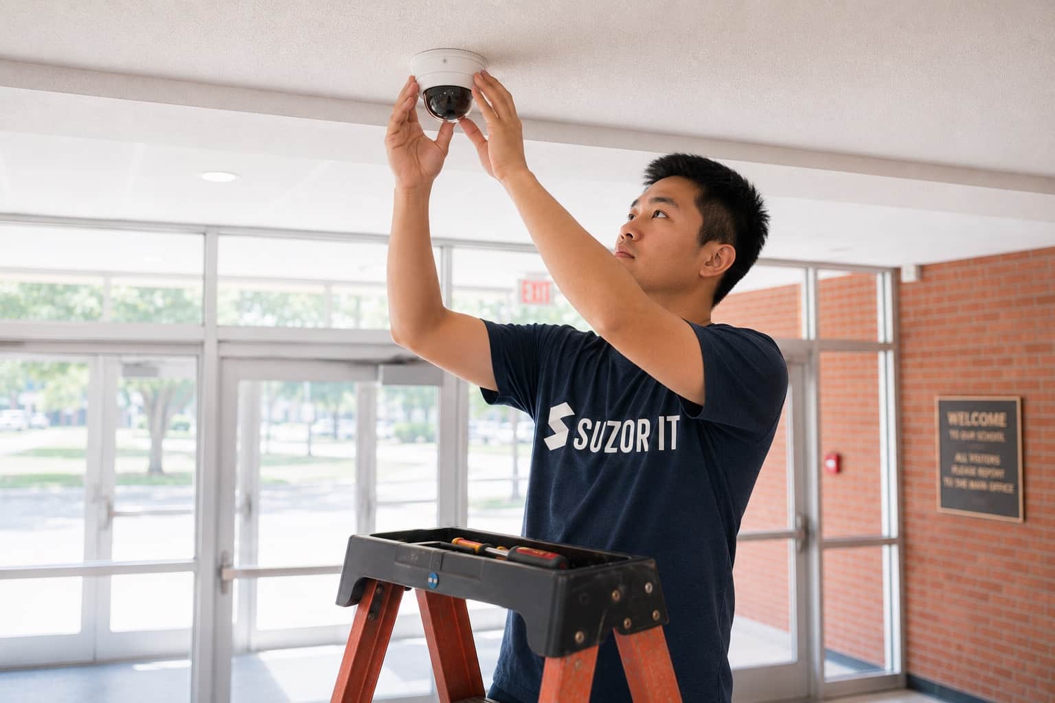 Suzor IT technician installing an IP camera at a school entrance