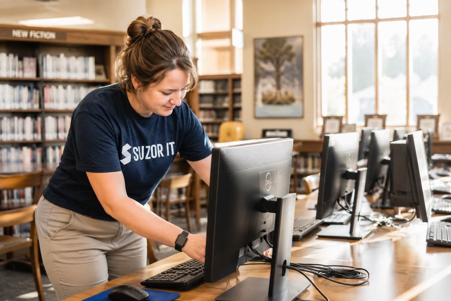 Technician setting up public computers in a town library