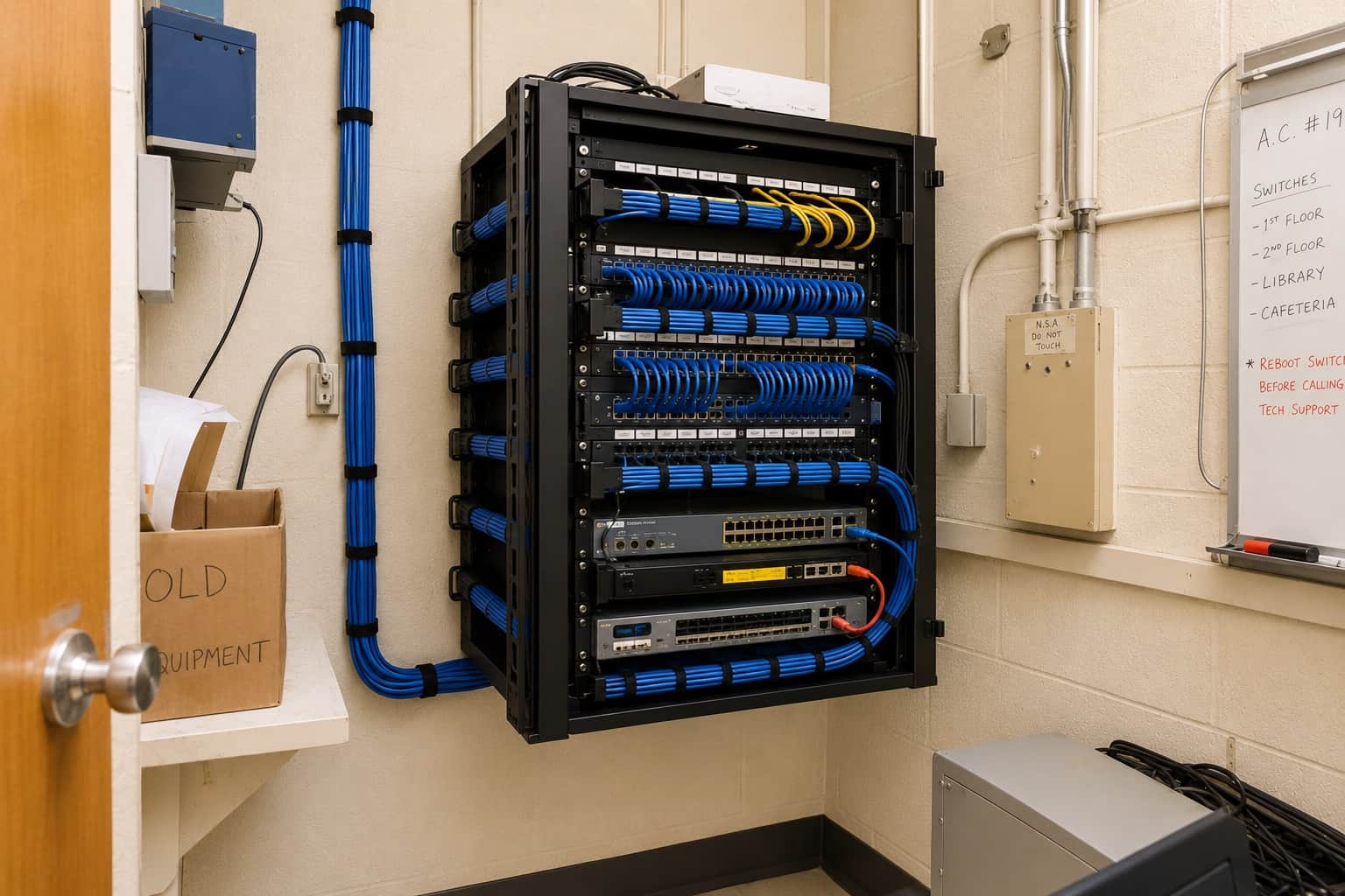 Organized network rack after a cabling and infrastructure project