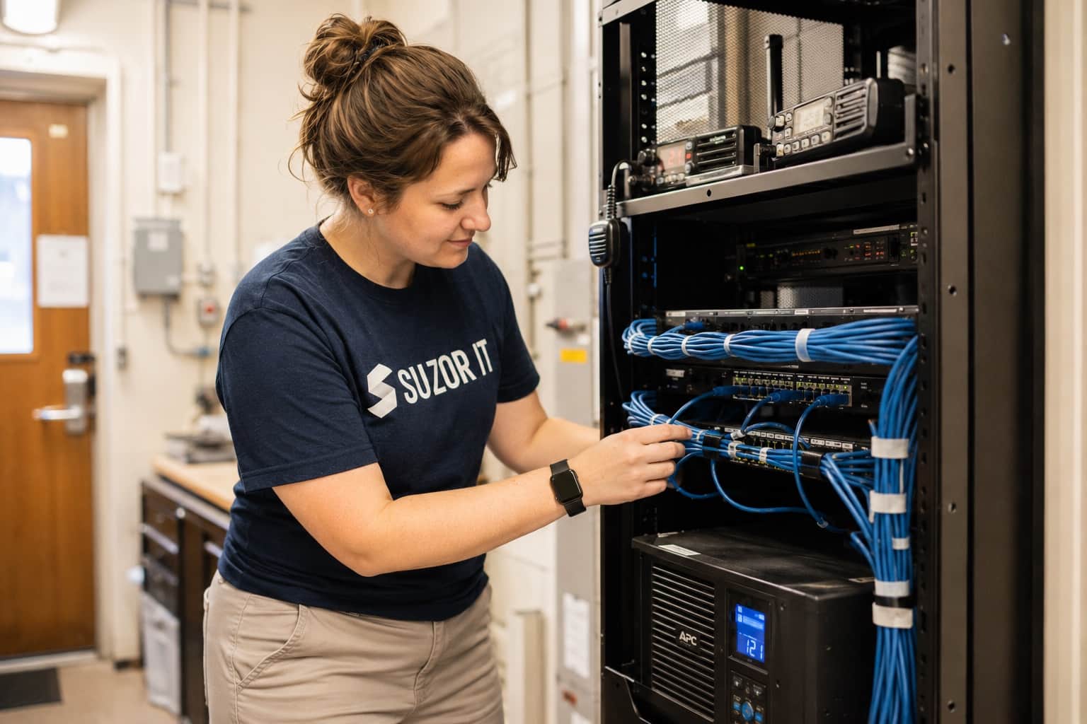 Suzor IT technician working in a municipal server rack