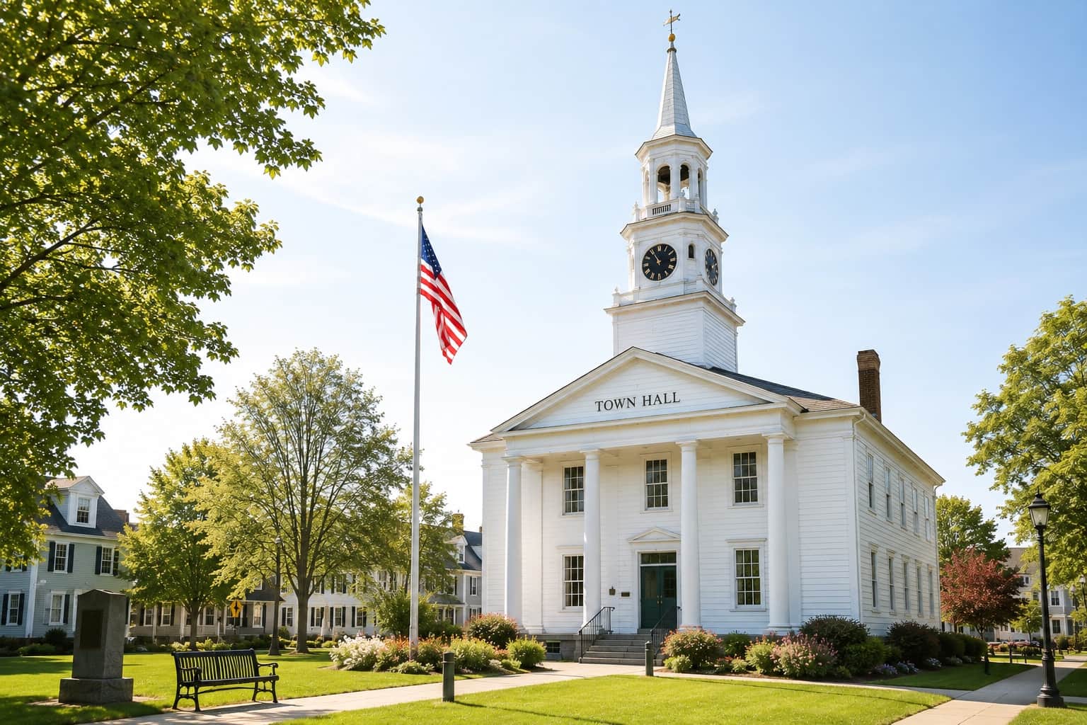 Classic white New England town hall with clock steeple on a town green